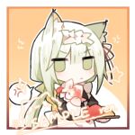  1girl anger_vein animal_ear_fluff animal_ears annoyed apron arknights artist_name black_dress black_ribbon border cat_ears cat_girl chibi dress food green_hair hair_ribbon holding holding_plate jitome kal&#039;tsit_(arknights) ketchup long_hair looking_at_viewer maid_apron maid_headdress official_alternate_costume omurice pastry_bag plate ponytail renren ribbon sample_watermark simple_background solo sparkle spoken_anger_vein star_(symbol) upper_body white_apron white_border yellow_background 