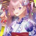  1girl bangs blush commentary_request eyes_visible_through_hair fate/grand_order fate_(series) fingernails floral_print flower hair_flower hair_ornament hair_over_one_eye highres holding japanese_clothes kimono light_purple_hair lips looking_at_viewer mash_kyrielight obi open_mouth panmijin99 pink_lips pink_nails purple_eyes sash short_hair smile solo teeth upper_body white_flower wind_chime yukata 
