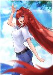  1girl absurdly_long_hair absurdres aozaki_aoko ass bangs belt black_belt blue_pants blue_sky breasts cloud commentary dappled_sunlight day denim drizzwryyy floating_hair hair_between_eyes hair_intakes highres jeans long_hair looking_at_viewer medium_breasts melty_blood melty_blood:_type_lumina open_mouth pants pocket red_hair shirt short_sleeves signature sky smile solo sunlight t-shirt tree tsukihime tsukihime_(remake) very_long_hair white_shirt 