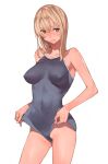  1girl bare_shoulders blonde_hair blue_swimsuit blush breasts cameltoe covered_navel covered_nipples freckles long_hair one-piece_swimsuit open_mouth original simple_background solo sweatdrop swimsuit takeda_sun white_background yellow_eyes 