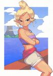  1girl against_railing bare_shoulders blue_sky breasts cleavage crossed_arms dark-skinned_female dark_skin earrings highres inkerton-kun island jewelry looking_at_viewer necklace ocean pointy_ears railing short_shorts shorts sky smile solo strapless tetra the_legend_of_zelda the_legend_of_zelda:_the_wind_waker tube_top volcano water 