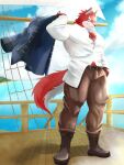  3:4 absurd_res anthro canid canine canis clothing diederich_olsen_(knights_college) english_text fur hi_res io_ths knights_college male mammal muscular pubes red_body red_fur shirt solo text topwear video_games wolf 