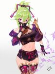 1girl absurdres bare_shoulders breasts cropped_jacket genshin_impact green_hair hair_ornament highres kuki_shinobu large_breasts looking_at_viewer mask midriff mouth_mask navel ninja ninja_mask ponytail purple_eyes shorts simple_background solo thighhighs white_background zi_ge_cai_qu 