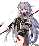  1girl black_choker black_gloves black_hair blood blood_on_face blood_splatter chinese_clothes choker earrings fingerless_gloves fu_hua fu_hua_(herrscher_of_sentience) gloves hair_ornament holding holding_polearm holding_weapon honkai_(series) honkai_impact_3rd jewelry long_hair looking_at_viewer polearm red_eyes simple_background single_earring single_glove solo spear weapon white_background zichecheche 