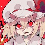  1girl blonde_hair bow collar crystal diamond_(shape) fang flandre_scarlet frilled_collar frills fua_yuu hair_ornament hat hat_bow looking_at_viewer lowres mob_cap open_mouth pixel_art red_background red_bow red_eyes red_ribbon ribbon simple_background smile solo touhou upper_body wings x_hair_ornament 