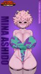  2022 absurd_res ashido_mina big_breasts black_sclera blush bodily_fluids breasts butt_from_the_front clothing coldarsenal female fishnet fishnet_legwear hair hi_res horn horned_humanoid humanoid legwear my_hero_academia not_furry pink_body pink_hair pink_skin solo sweat text url yellow_eyes 