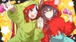  2girls absurdres alternate_costume animal_hood beamed_eighth_notes black_hair blonde_hair blue_eyes brown_hair closed_mouth commentary english_commentary green_eyes green_hoodie hakos_baelz highres holding holding_hands holding_microphone hololive hololive_english hood hoodie indie_virtual_youtuber interlocked_fingers long_sleeves looking_at_viewer microphone miori_celesta multicolored_hair multiple_girls mush_(mushlicious) musical_note open_mouth pinky_out red_hair red_hoodie sharp_teeth smile star_(symbol) streaked_hair teeth upper_body virtual_youtuber white_hair 