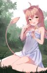  1girl ahoge animal_ears bangs bare_arms bare_shoulders blush brown_tail bush collarbone commentary crossed_bangs daisy day dress fang feet_out_of_frame flower grass green_background hair_between_eyes hair_intakes hands_up highres holding holding_flower indie_virtual_youtuber kawaiipony2 legs lion_ears lion_tail long_hair looking_at_viewer on_ground open_hand open_mouth outdoors pink_ribbon ribbon rurudo_lion sitting solo sundress tail tail_raised thighs two-tone_background virtual_youtuber white_background white_dress white_flower white_sky yellow_eyes 