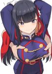  1girl arms_up bangs belt black_hair blue_eyes blue_jacket blunt_bangs blush breast_grab breasts buttons cape coat disembodied_limb double-breasted gloves grabbing grabbing_from_behind hair_ornament hime_cut jacket large_breasts long_hair long_sleeves mato_seihei_no_slave purple_coat red_cape shiseki_hirame sweatdrop white_gloves yamashiro_ren 