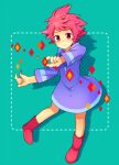  0mzum1 1girl closed_mouth dress full_body hood hoodie kumatora looking_at_viewer mother_(game) mother_3 pink_hair shadow short_hair simple_background smile solo 