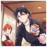  2boys ^_^ black_hair black_shirt cafe closed_eyes cookie food forehead idolish_7 ima_(luce365) izumi_iori long_sleeves male_focus multiple_boys nanase_riku open_mouth ponytail red_hair shirt short_hair smile sweater 