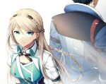  1boy 1girl back-to-back back_turned blonde_hair blue_coat blue_hair braid coat earrings eiyuu_densetsu elaine_auclair fur_trim green_eyes green_shirt highres jacket jewelry kuro_no_kiseki long_hair shirt short_hair sun_trial van_arkride white_background white_jacket worried 