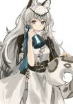  1girl animal_ear_fluff animal_ears arknights azuazu_0405 bell black_cape blue_eyes braid cape cowboy_shot dress grey_hair grey_thighhighs hands_up highres holding holding_bell leopard_ears leopard_girl leopard_tail long_hair looking_at_viewer pramanix_(arknights) side_braids simple_background solo tail thighhighs tiara turtleneck very_long_hair white_background white_dress 