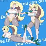  1girl ass blue_background canadiananiguy cropped_legs english_commentary english_text full_body green_footwear hair_over_one_eye hands_on_hips highres lusamine_(pokemon) lying mature_female midriff multiple_views navel on_stomach pants patreon_username pokemon pokemon_(game) pokemon_sm sports_bra sweatband twitter_username white_sports_bra yoga yoga_pants 