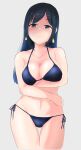  1girl alternate_hairstyle bikini black_bikini blue_hair breast_rest breasts cleavage cowboy_shot earrings green_eyes hair_down highres jewelry kantai_collection large_breasts long_hair noba_(ne83ko61) side-tie_bikini solo souryuu_(kancolle) swimsuit thigh_gap 