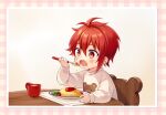  1boy chair child eating food glass idolish_7 ima_(luce365) long_sleeves male_child nanase_riku omurice open_mouth plate red_eyes red_hair short_hair spoon table wooden_chair wooden_table younger 