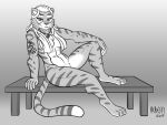  2019 4:3 4_toes 5_fingers anthro arm_tattoo bench breasts digital_media_(artwork) feet felid female fingers fur greyscale hair heresy_(artist) hindpaw humanoid_hands hybrid jewelry jhilazi liger lion mammal monochrome navel necklace necklace_only nude pantherine paws signature sitting sketch smile solo striped_body striped_fur stripes tattoo toes towel towel_around_neck 