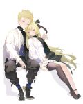  1boy 1girl absurdres ankle_strap bangs black_footwear black_pants blonde_hair blue_socks closed_mouth grey_eyes half-closed_eyes highres long_hair long_sleeves onacia original pants pantyhose shirt shoes short_hair single_leg_pantyhose sitting socks white_background white_shirt 