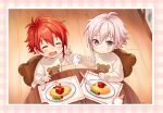  2boys chair child closed_eyes food idolish_7 ima_(luce365) kujou_tenn long_sleeves male_child male_focus multiple_boys nanase_riku omurice open_mouth red_hair short_hair spoon table wooden_chair wooden_table younger 