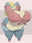  anthro big_breasts blonde_hair bottomwear breasts clothing cutoffs denim denim_clothing eyeshadow eyewear female freckles glasses hair hi_res high_heels huge_breasts lipstick makeup mcnasty nintendo overweight pok&eacute;mon pok&eacute;mon_(species) shorts snorlax solo video_games 