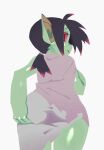  black_hair butt cloak clothed clothing digital_media_(artwork) female fingers gobbo_(kooni) goblin green_body green_skin hair hand_on_butt hi_res highlights_(coloring) humanoid humanoid_pointy_ears kooni looking_back mammal not_furry ponytail pupils rear_view red_highlights red_sclera simple_background slit_pupils solo spread_butt spreading 