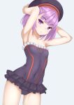  1girl absurdres armpits arms_behind_head arms_up bangs bare_shoulders black_dress black_headwear breasts collarbone dress fate/grand_order fate_(series) hat helena_blavatsky_(fate) highres looking_at_viewer open_mouth purple_eyes purple_hair short_dress short_hair small_breasts solo thighs yamachi_(xadp7533) 