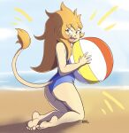  anthro ashter_(howsplendid) ball barefoot beach beach_ball clothing feet felid girly hi_res howsplendid inflatable lion male mammal open_mouth pantherine seaside smile soles solo swimwear toes 