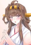  1girl absurdres ahoge brown_hair double_bun hair_bun hairband headgear highres japanese_clothes kantai_collection kongou_(kancolle) long_hair purple_eyes ribbon-trimmed_sleeves ribbon_trim shamo_(ptwmjgda) sleeveless solo steepled_fingers upper_body 