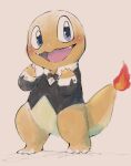  blush bow_tie charmander claws clothed clothing doneru fangs fire flaming_tail looking_aside nintendo pok&eacute;mon pok&eacute;mon_(species) simple_background sketch slightly_chubby smile solo suit video_games 
