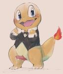  animal_genitalia blush bodily_fluids bow_tie charmander claws clothed clothing doneru erection fangs fire flaming_tail genital_fluids genital_slit genitals leaking_penis leaking_precum looking_aside male nintendo penis pok&eacute;mon pok&eacute;mon_(species) precum simple_background sketch slightly_chubby slit smile solo suit tapering_penis video_games 