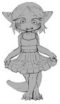  accessory anthro bamfear blush bodily_fluids claws clothed clothing clothing_lift crossed_legs doneru dress dress_lift embarrassed fangs female frilly frilly_clothing frilly_dress hair hair_accessory hairclip looking_down monochrome simple_background sketch solo sweat sweatdrop tany_(doneru) young 