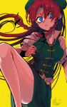  1girl bangs braid breasts fua_yuu hat highres hong_meiling large_breasts leg_up long_hair looking_at_viewer one-hour_drawing_challenge parted_bangs red_hair short_sleeves simple_background solo thighs touhou twin_braids yellow_background 