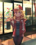  1girl aikatsu!_(series) baseball_cap black_pantyhose blonde_hair blush commentary_request cowboy_shot hand_in_pocket hat hoshimiya_ichigo jacket long_hair looking_away outdoors pantyhose red_eyes red_jacket shimazaki1152 shop shorts smile solo waving 