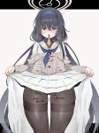  1girl black_hair blue_archive blue_eyes blue_hairband blue_neckerchief body_writing breasts cardigan clothes_lift condom furau grey_cardigan hairband highres lifted_by_self long_hair long_skirt long_sleeves low_twintails mouth_hold neckerchief pleated_skirt school_uniform serafuku shirt skirt skirt_lift small_breasts solo twintails ui_(blue_archive) used_condom very_long_hair white_serafuku white_shirt white_skirt 