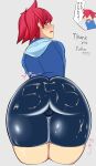  1girl absurdres ass bike_shorts blush highres hood hoodie huge_ass hyperomizu kumatora looking_at_viewer looking_back mother_(game) mother_3 open_mouth pink_hair red_eyes red_hair short_hair simple_background solo suggestive_fluid white_background 