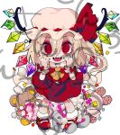  @_@ ascot blonde_hair chibi excited fangs flandre_scarlet fua_yuu hat looking_at_viewer mob_cap one_side_up red_shirt red_skirt shirt short_hair skirt skirt_set stuffed_animal stuffed_toy teddy_bear touhou vampire white_background wings yellow_ascot 