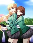  2girls agnes_claudel black_ribbon blonde_hair blue_eyes brown_hair eiyuu_densetsu green_jacket highres hug hug_from_behind jacket kuro_no_kiseki long_hair multiple_girls odette_(kuro_no_kiseki) one_eye_closed pink_eyes plaid plaid_skirt ribbon school_uniform short_hair short_twintails skirt sun_trial thighhighs twintails 