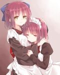  2girls apron blue_bow bow bowtie brown_dress brown_kimono closed_eyes closed_mouth commentary_request dress half_updo hand_on_another&#039;s_head hand_on_another&#039;s_shoulder head_on_chest highres hisui_(tsukihime) hug japanese_clothes juliet_sleeves kimono kohaku_(tsukihime) long_sleeves maid maid_apron maid_headdress multiple_girls puffy_sleeves red_bow red_hair short_hair siblings sisters sleeping smile tanka_kikurage tsukihime twins wa_maid white_apron wide_sleeves yellow_eyes 