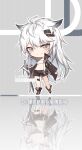  1girl animal_ears arknights black_footwear black_jacket black_shorts boots character_name chibi chinese_text detached_sleeves grey_background grey_eyes hair_ornament hairclip highres holding holding_sword holding_weapon jacket lappland_(arknights) long_hair messy_hair open_clothes open_jacket oripathy_lesion_(arknights) reflection renren scar scar_across_eye shorts simple_background smile solo strapless sword tail translation_request tube_top weapon white_hair white_tube_top wolf_ears wolf_girl wolf_tail 