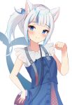  1girl animal_ears bag bangs bare_arms blue_eyes blue_hair blue_skirt blue_tail blunt_bangs blush buttons cat_ears commentary fish_tail frilled_sleeves frills gawr_gura hair_cubes hair_ornament hand_up handbag highres hololive hololive_english kawaiipony2 looking_at_viewer medium_hair miniskirt multicolored_hair open_hand shark_girl shark_tail shirt side_ponytail sidelocks simple_background skirt skirt_set streaked_hair symbol-only_commentary tail tail_raised upper_body virtual_youtuber white_background white_hair white_shirt 