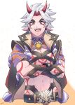 1boy arataki_itto belt bodypaint collar cropped_legs crossed_arms ear_piercing facepaint fangs genshin_impact grey_hair highres homare_(g_hmr88) horns jewelry long_hair looking_at_viewer male_focus multicolored_hair open_mouth pectoral_cleavage pectorals piercing red_hair simple_background solo spiked_collar spikes thick_eyebrows toned toned_male vision_(genshin_impact) 