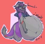  2022 ambiguous_gender anthro belly belly_noises big_belly bloated bottomless clothed clothing dragon facial_horn fangs fur furred_dragon hair hi_res horn hyper hyper_belly navel nose_horn obese overweight sequence simple_background solo text topwear troplilly weight_gain 