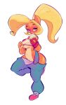  absurd_res activision anthro bandicoot blonde_hair breasts clothed clothing coco_bandicoot crash_bandicoot_(series) dessert female food genitals green_eyes hair hi_res ice_cream ineffective_clothing jdwalkrat long_hair mammal marsupial no_underwear overalls pussy solo thick_thighs under_boob video_games 