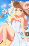 1girl arm_up ass bakemonogatari bangs bare_arms bare_shoulders beach beach_chair blonde_hair blue_background blue_sky blurry blurry_background blush bow brown_headwear chocolate_doughnut cloud cloudy_sky commentary day doughnut dress fang feet_out_of_frame food french_cruller hand_on_headwear hat highres kawaiipony2 legs long_hair looking_at_viewer monogatari_(series) multicolored_background ocean open_hands open_mouth oshino_shinobu outdoors pink_bow pon_de_ring sand shadow sky solo straw_hat sun thighs water white_background white_bow white_dress yellow_background yellow_eyes 