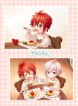  2boys brown_eyes chair child eating food glass idolish_7 ima_(luce365) kujou_tenn long_sleeves looking_at_viewer male_child male_focus multiple_boys nanase_riku omurice open_mouth plate red_eyes red_hair short_hair smile spoon table translation_request white_hair wooden_chair wooden_table younger 