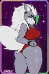  2022 akibarx animatronic anthro big_breasts bottomwear breasts butt canid canine canis clothed clothing digital_media_(artwork) ear_piercing female five_nights_at_freddy&#039;s five_nights_at_freddy&#039;s:_security_breach fur green_hair grey_body grey_fur hair hi_res hotpants lipstick machine makeup mammal partially_clothed piercing presenting presenting_hindquarters purple_background raised_tail red_clothing robot roxanne_wolf_(fnaf) scottgames shorts simple_background solo thick_thighs topwear video_games wide_hips wolf yellow_eyes 