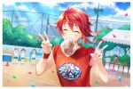  1boy 4girls ^_^ bare_shoulders closed_eyes headband idolish_7 ima_(luce365) male_focus mouth_hold multiple_girls nanase_riku red_hair red_shirt ribbon shirt short_hair smile t-shirt v wristband 