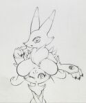  absurd_res anthro arms_together armwear bandai_namco big_breasts boob_hat box_(hajimeyou654) braixen breast_size_difference breasts cheek_tuft chest_tuft clothing digimon digimon_(species) duo elbow_gloves facial_tuft featureless_breasts female flat_chested gloves graphite_(artwork) handwear hi_res huge_breasts inner_ear_fluff looking_down looking_up monochrome nintendo one_eye_closed pencil_(artwork) pok&eacute;mon pok&eacute;mon_(species) renamon size_difference traditional_media_(artwork) tuft video_games wide_hips 