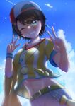  1girl absurdres backwards_hat bangs baseball_cap black_hair blue_sky blurry blurry_foreground blush breasts cloud collarbone commentary_request crop_top day depth_of_field double_v green_eyes grin hands_up hat highres hololive looking_at_viewer medium_breasts megaphone midriff navel neko_punch_(user_hddm3373) one_eye_closed oozora_subaru outdoors red_headwear shirt short_sleeves shorts sky smile solo stopwatch striped striped_shirt sweatband tied_shirt v vertical-striped_shirt vertical_stripes virtual_youtuber whistle whistle_around_neck white_shorts wristband yellow_shirt 