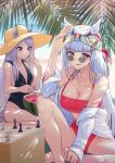  2girls :3 alternate_costume animal_ears bandana bandeau bangs bikini black_swimsuit blush board_game breasts casual_one-piece_swimsuit chess_piece cleavage closed_mouth ears_through_headwear food fruit glint gold_ship_(umamusume) grey_hair hat holding holding_spoon horizon horse_ears horse_girl horse_tail jacket jewelry knee_up large_breasts long_hair looking_at_viewer mejiro_mcqueen_(umamusume) multiple_girls nabe_saori necklace off_shoulder one-piece_swimsuit outdoors purple_eyes purple_hair red_bikini shogi shogi_piece sitting small_breasts spoon sun_hat sunglasses swimsuit tail tongue tongue_out umamusume watermelon white_jacket 